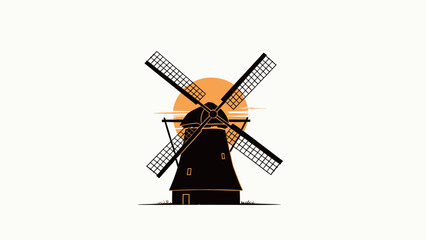 Obraz premium Minimalist Retro Textured Silhouette Illustration of a Traditional Windmill Against a Warm Setting Sun, Minimalist Landscape Art with Black and Golden Yellow Contrast