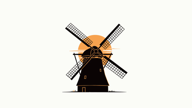 Minimalist Retro Textured Silhouette Illustration of a Traditional Windmill Against a Warm Setting Sun, Minimalist Landscape Art with Black and Golden Yellow Contrast