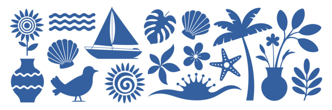 Summer boho element set, hand drawn vector illustration, palm tree, sun, sea, flowers, vase, seashells, wave, bird, and tropical leaves in naive style, vibrant tropical print for vacation beach.