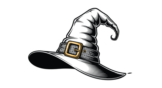 Classic pointed witch hat with a buckled leather strap and wide brim isolated on white background for spooky halloween themes.
