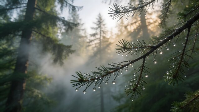 Foggy forest with dew on pine branches