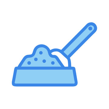 Stylized blue cat litter box with scooper graphic