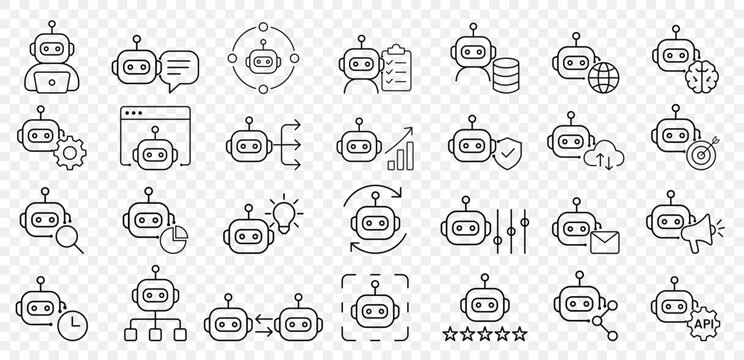 Autonomous AI Agents Outline Icon Set, Editable Stroke Icons for Workflow Automation, Multi Agent Systems, API Integration, Chatbot, Cloud, Analytics, Security, SaaS Dashboard Line Vector Collection.