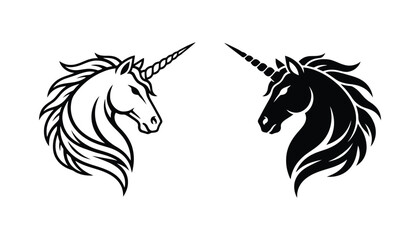 Unicorn head profile silhouette icon featuring elegant horn and mane for fantasy and magic themed designs © Serene