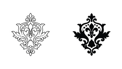 Ornate damask floral scroll pattern decorative element in black and white line art and solid silhouette style vector illustration for luxury design projects © Serene