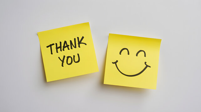Two yellow sticky notes with a smiley face and a thank you message on a white background