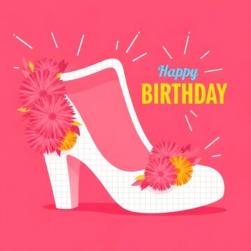 Festive happy birthday card stylish high heel shoe with floral decorations and confetti