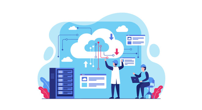 Network professionals monitor cloud server circuitry and data pathways in a virtual computing environment with a soft blue theme and precise vector illustration graphics.