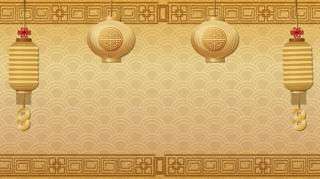 Animated golden background with traditional Chinese lanterns and clouds celebrating culture.