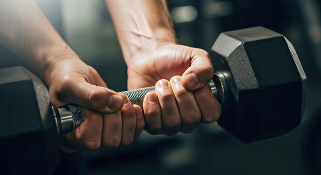 Close-up of hands tightly gripping a heavy black hexagonal dumbbell. Male athlete lifting weights in a dark gym setting. Strength training and bodybuilding workout concept