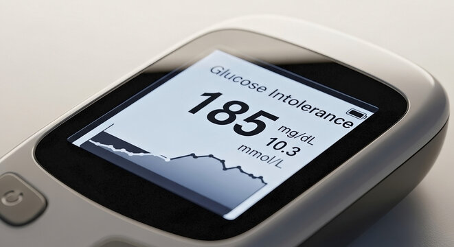 Close-up of a digital blood glucose meter displaying a high reading. Glucometer screen showing 185 mg/dL and glucose intolerance warning with a line graph. Diabetes management and healthcare concept