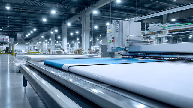 Industrial fabric cutting machine slicing textile layers in factory