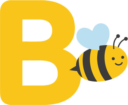 A charming illustration of a large yellow letter B with a cute cartoon bee flying beside it, perfect for educational and playful designs