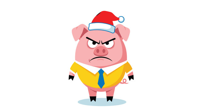 Grumpy pink pig wearing a formal yellow shirt with a blue tie and a red Santa hat for humorous holiday season business themes.