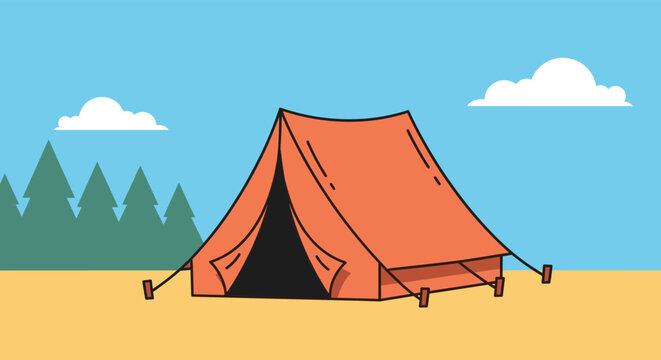 Classic orange A frame camping tent stands on a sandy patch with a clear blue sky and pine tree silhouettes in the background.