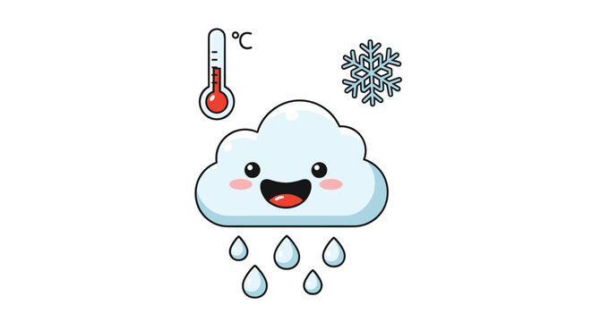 Cheerful cloud mascot with falling rain drops a thermometer showing cold temperature and a snowflake icon represents winter weather.