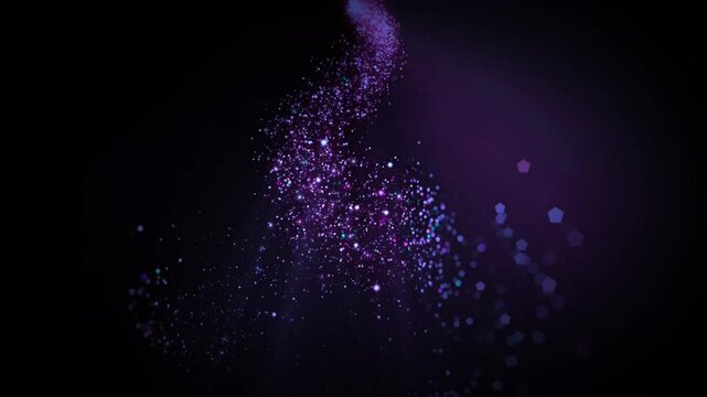 Sparkling purple glitter particles falling with glowing light rays and bokeh effects on dark background