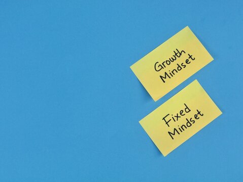 Growth mindset and fixed mindset text on yellow adhesive notes over blue background. Represents psychology, personal development, educational concepts, and the choice between progress and stagnation