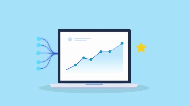 Minimal flat animation of a laptop displaying a rising data chart with incoming data lines and a star icon, representing analytics, quality rating, and high performance achievement.