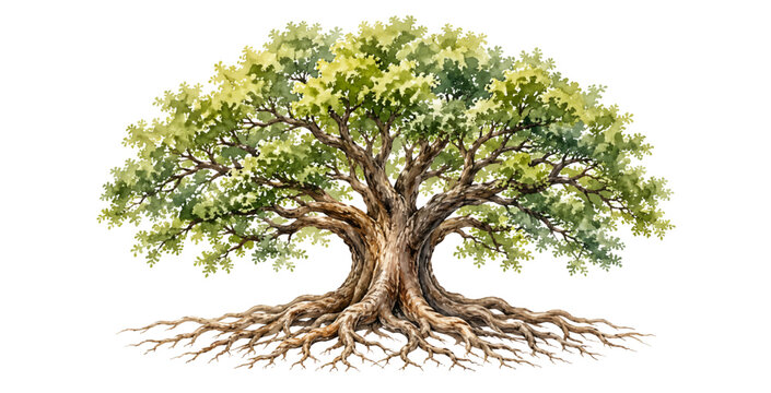 A charming watercolor tree featuring sprawling roots textured bark and fresh green leaves illustrated in a natural botanical style.
