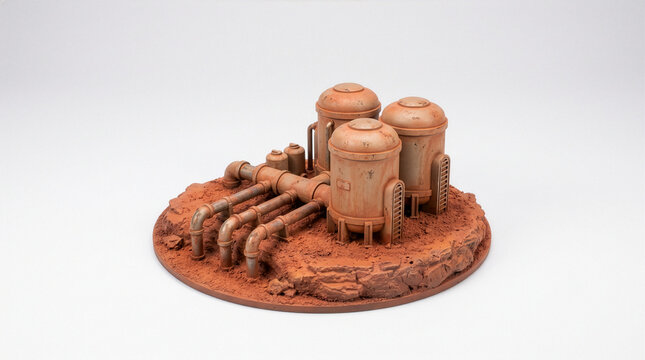 Colonizing Mars, Mars Colony, Miniature Martian Terraforming Plant Model with Water Extraction Pipes and Processing Tanks on White Background Space Science 3D Render