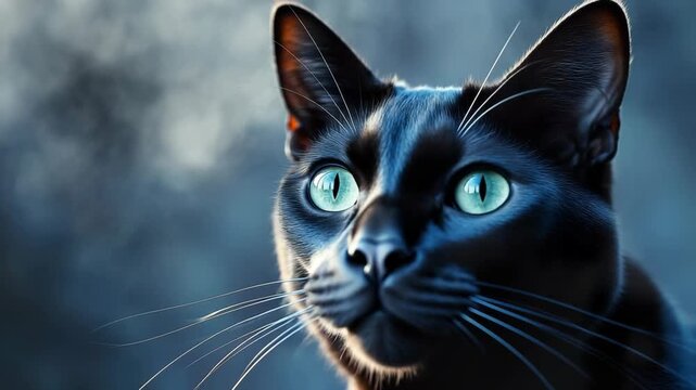 A black cat is in a quiet garden at night. It moves slowly and looks around with bright eyes. Soft light and shadows play on its fur. The setting is calm and still throughout