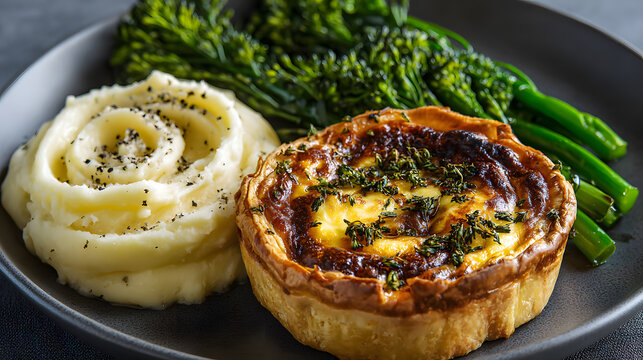 Golden puff pastry quiche with mashed potatoes and broccolini on plate