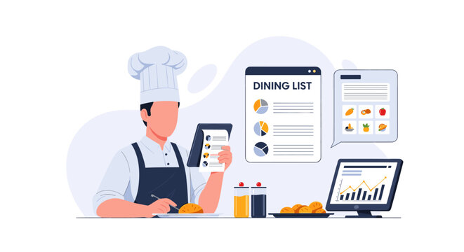A professional chef in a classic uniform reviews a digital dining list with colorful data visualizations in a clean and modern kitchen setting with soft lighting and palette.