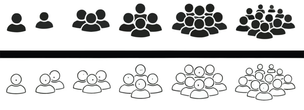 Group of People Icons Showing Growth and Scale in Black and White