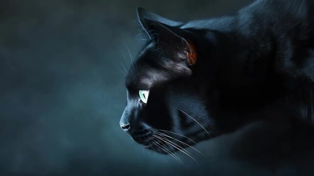A sleek black cat is focused on an object outside. Its green eyes reflect the light as it observes what is happening. The setting appears dim with hints of evening light
