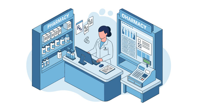 A professional pharmacist manages medication orders at a customer service counter inside an organized pharmacy clinic setting featuring a soft blue color scheme.