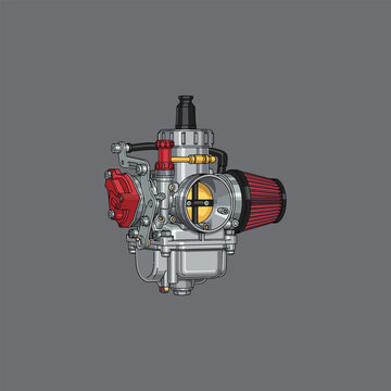 High performance motorcycle carburetor with red air filter and gold adjustments on grey background.