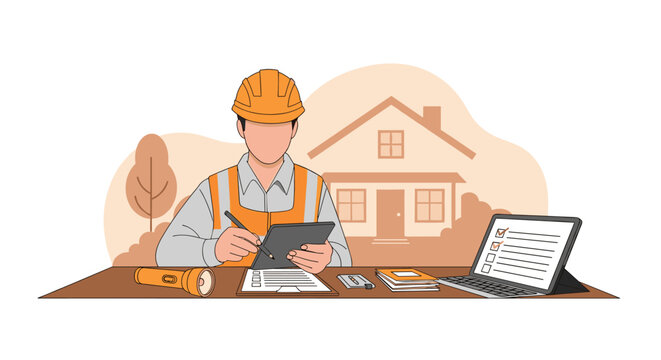 A male construction inspector in a high-visibility orange vest reviews data on a digital tablet at a desk with a flashlight and clipboard in a house design setting.