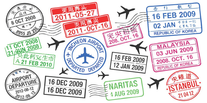 Collection of international travel passport stamps and airport departure marks with airplane icons
