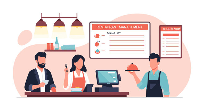 A server holding a covered food tray walks past a restaurant management counter with digital order entry systems and dining lists in a warm-toned dining establishment setting.