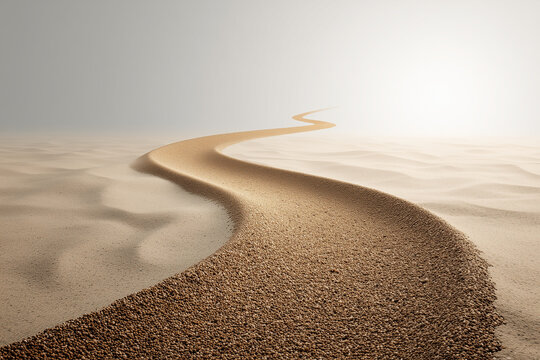 Winding Gravel Path Through Desert Sand Dunes to Bright Horizon