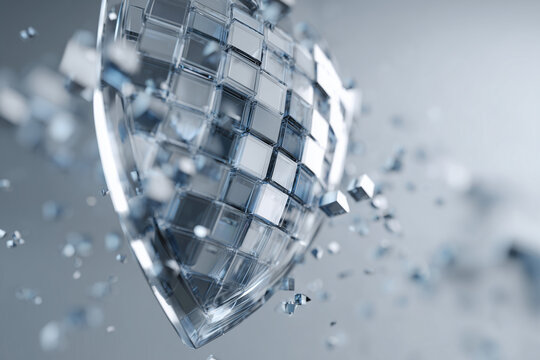 Shattered Crystal Glass Shield with Cubic Grid Pattern Exploding