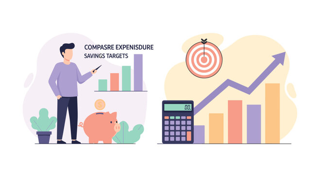 A person tracks financial savings and expenditure targets using a piggy bank and a calculator near a rising trend bar chart in a clean flat illustration style.