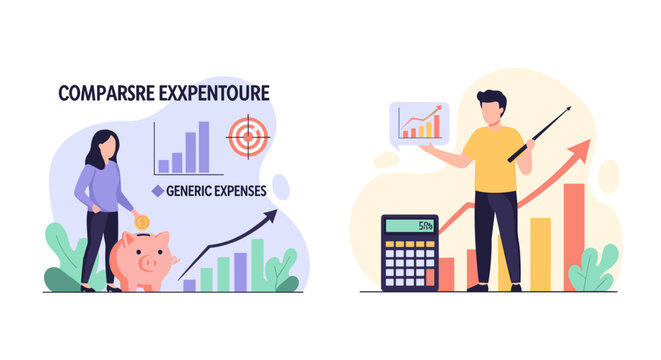 A woman inserts a coin into a piggy bank while a professional with a pointer explains rising financial growth trends in an office illustration with modern graphics.