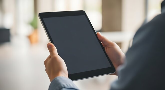 Person Holding Tablet with Blank Screen.