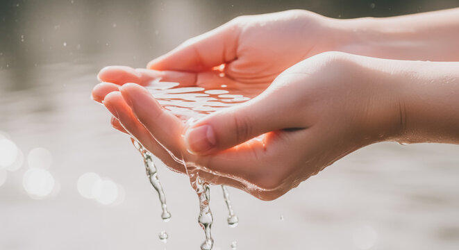 Close-up of cupped hands holding and dripping fresh clear water in natural bright sunlight outdoors
