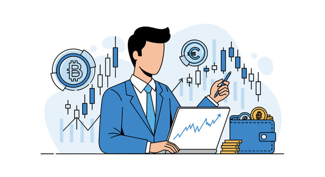 A male financial advisor in a blue suit uses a pen to analyze upward trending stock market charts displayed on a screen next to a wallet of gold coins.