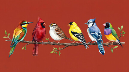 Fototapeta premium Six colorful birds perched on a branch against a red background with small birds wild life wild bird avian wildlife colorful wildlife songbirds artistic