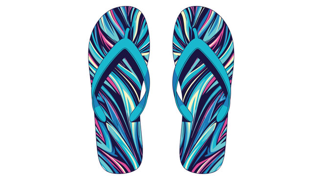 Pair of summer flip flops with vibrant blue and pink abstract marble pattern on white background for beach footwear.