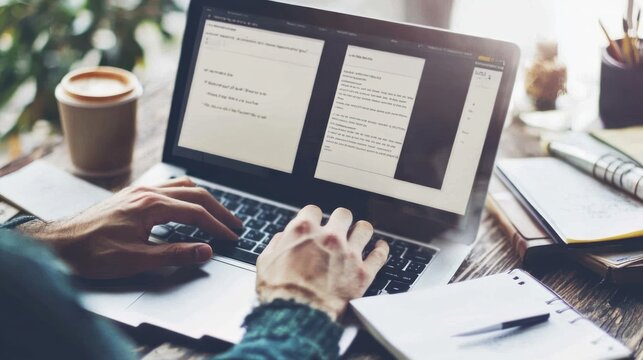 Person working on laptop with documents.