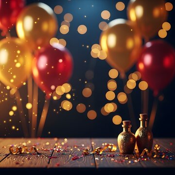 Festive happy birthday celebration with balloons champagne and sparkling decorations