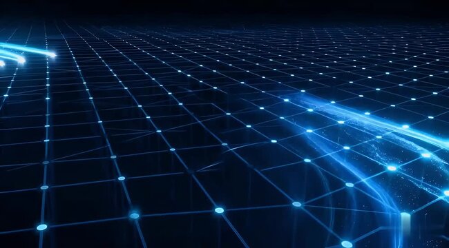 Blue energy trails over glowing grid