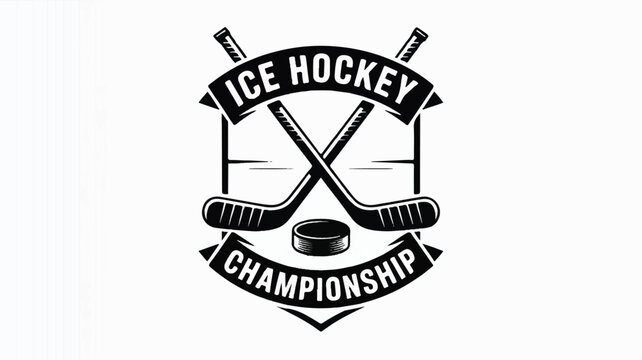 A minimalist illustration of crossed hockey sticks and puck in a championship shield