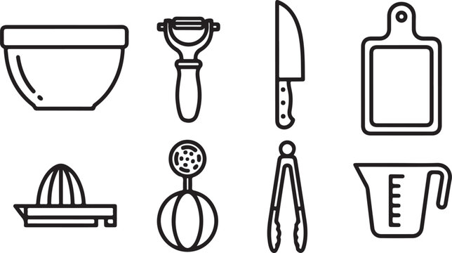 Black line icons set daily life objects isolated vector Vector