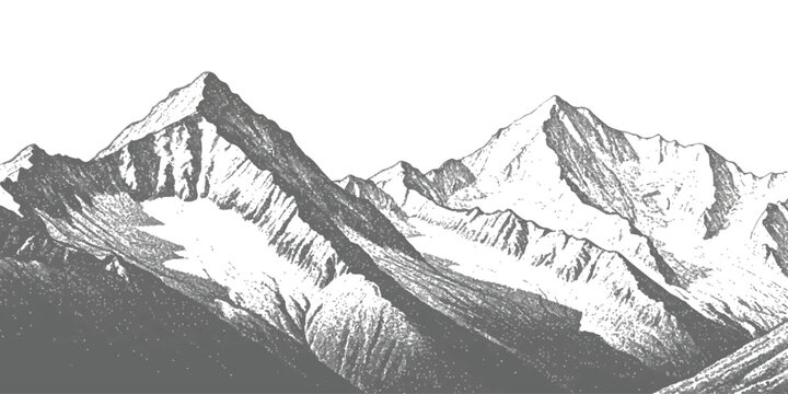 Black and white sketch of high mountain peaks with snow and rocky texture in a detailed hand drawn art style
